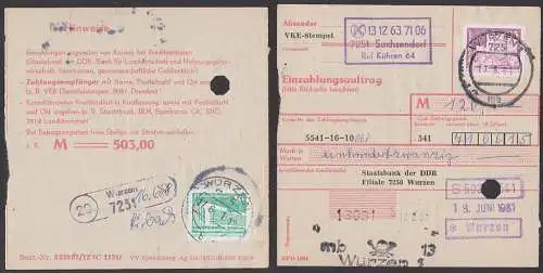 Sachsendorf PSSt. 20 Wuzen, 17.6.81 mit 15 Pfg. Fischereinsel Berlin DDR postintern Einzahlungs-Auftrag