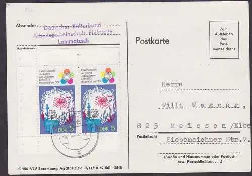 Berlin Weltfestspiele der Jugend 1973, 5 Pfg. aus MHBl. Karte, portogenau Lommatzsch DDR 1862(2)
