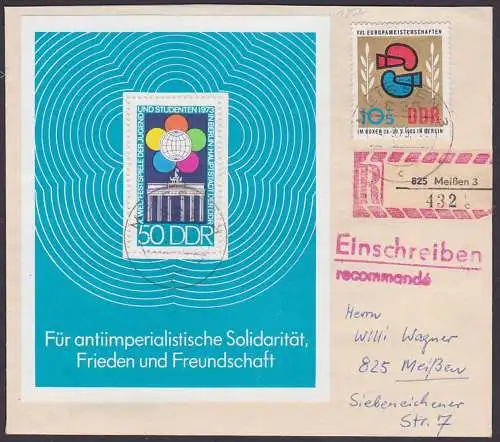 Berlin Weltfestspiele der Jugend 1973, Brandenburger Tor, 50 Pfg. Block 38, Orts-R-Brief  Meissen, Solidarität