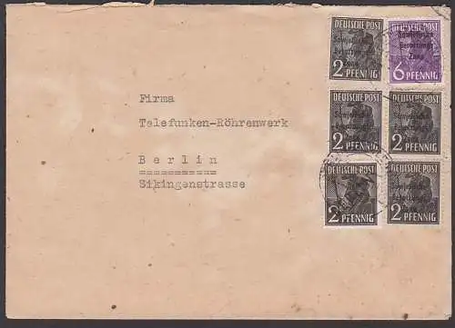 Berlin-Zehlendorf Ortsbrief mit 2 Pfg. Schwarzaufdruck in MiF mit SBZ-Aufdruckmarken, 15.10.48
