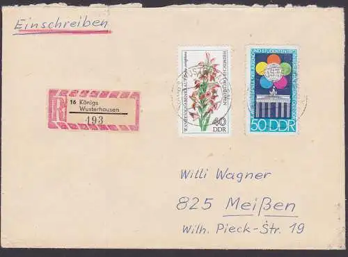 Berlin Weltfestspiele der Jugend 1973, Brandenburger Tor, 50 Pfg. aus Block 38, Doppel-R-Brief  Königs Wusterhausen