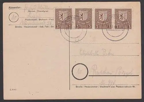 Leipzig Abschiedsausgabe 3 Pfg. graues Papier SBZ 156x, portogenau Fernkarte 31.3.46, rs. ohne Text