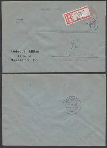 Rabenstein Sachsen R-Brief Barfrankatur roter bezahlt-St. 10.1.46 nach Leipzig an Braunkohlen-Syndikat