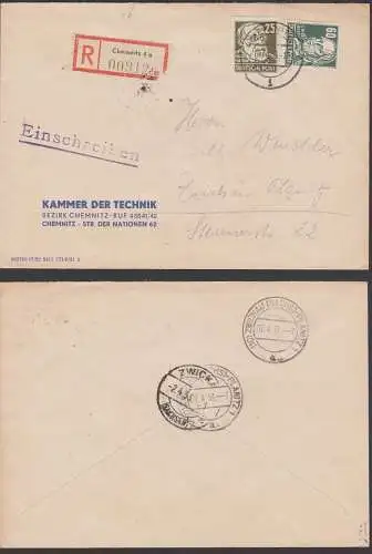 Chemnitz 4a, Kammer der Technik R-Brief mit 25 Pf. Rudolf Virchow und 60 Pf. Köpfe I, 1 Pf. überfrankiert, SBZ 221, 225
