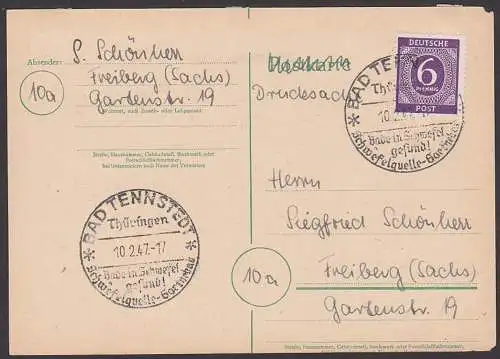 Bad Tennstedt Thüringen SoSt. 10.2.47 Schwefelquelle, Drucksache mit 6 Pf. Ziffer Einheitsausgabe