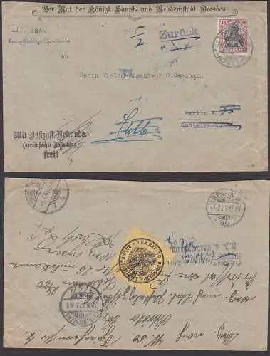 Dresden "zurück" vom Rat der königlichen Haupt- u. Residenzstadt nach Berlin, Verschlussmarke Baupolizei, 1907 DR 90I