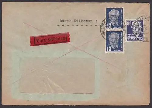 Ernst Thälmann 80 Pf. mit 12 Pf. Wilhelm Pieck auf Eilboten-Brief 21.11.52 nach Leipzig BMA, Doppelbrief , Lutherstadt