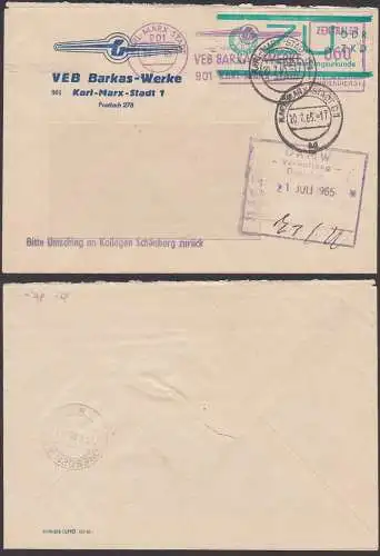 Karl-Marx-Stadt ZKD-AFS mit Zustellungsurkunden E1 VEB BARKAS 20.7.65nach Dresden, saubere Zähnung