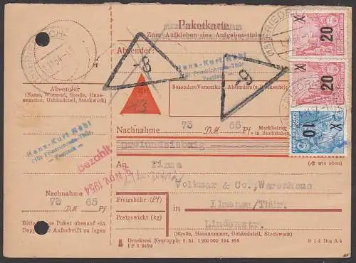 Friedrichroda postinterna Nachnahme-Karte, 1.11.54 5-Jahrplan mit neuem Wertaufdruck nach Portosenkung