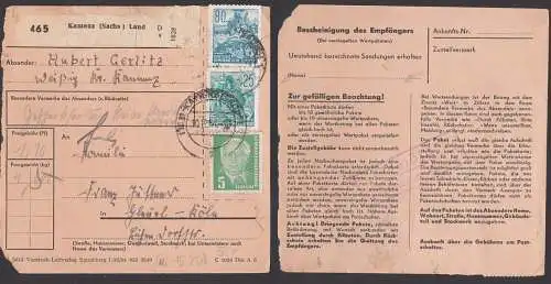 Weißig üb. Kamenz Sachsen postinterna Paketkarte 80 Pfg. 5-Jahrplan DDR 378, Mähdrescher, 5 Pfg. W. Pieck nach BRD