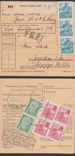 Jauer über Kamenz Sachsen postinterna Wert-Paketkarte "frei" 80 Pfg. 5-Jahrplan DDR 378(3), Mähdrescher, 5 Pfg. W. Pieck