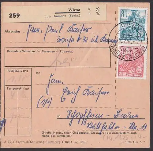 Wiesa üb. Kamenz Sachsen postinterna Paketkarte 80 Pfg. 5-Jahrplan DDR 378, Mähdrescher, "frei" nach der BRD