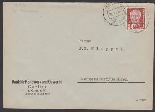 Besonderheit Görlitz 28.8.53, PWZ zu knapp entwertet, in Neugersdorf "Nachträglich" (N) voll gestempelt 29.8.