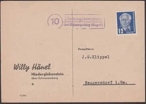 Niederglobenstein über Schwarzenberg (Erzgebirge) Poststellenst. auf Fernkarte, PWZ nicht entwertet, 1951