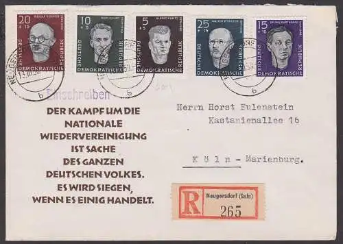 Neugersdorf (Sachsen)  R-Brief DDR 635/39, nach Köln-Marienburg, Rudolf Renner, Rudi Arndt, Walter Stöcker, Antifa
