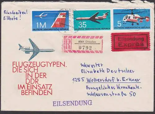Dresden R-Eil-Brief DDR 1752 Flugzeuge II, IL-62, Hubschrauber kamarow Ka26, portogenau, auf FDC-Umschlag n. Woltersdorf