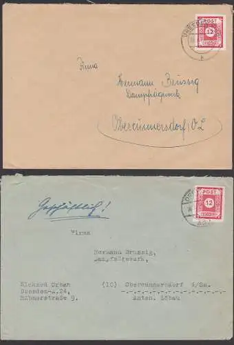 SBZ 46A Ostsachsen 12 Pfg. 2 Fernbriefe zu Reichspostorto nach Obercunnersdorf Dampfsägewerk