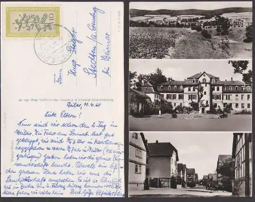 Weilar über Bad Salzungen, 12.4.60, Fotokarte mit 3 Ansichten Dorfstraße Schloss