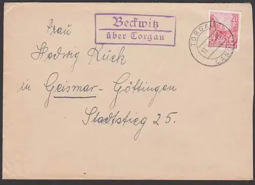 Beckwitz über Torgau - Land Poststellenstempel 13.8.57 nach Geismar-Göttingen