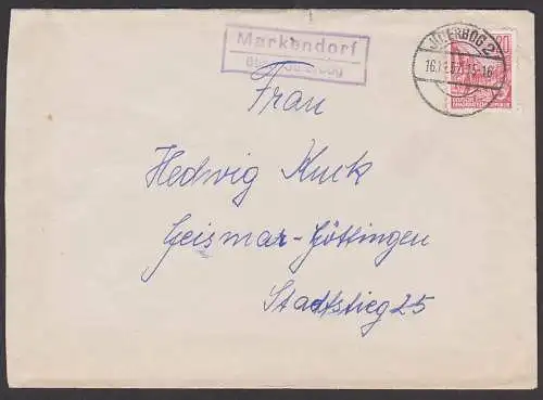 Markendorf über Jüterbog seltener Poststellenstempel 16.11.56 nach Geismar-Göttingen