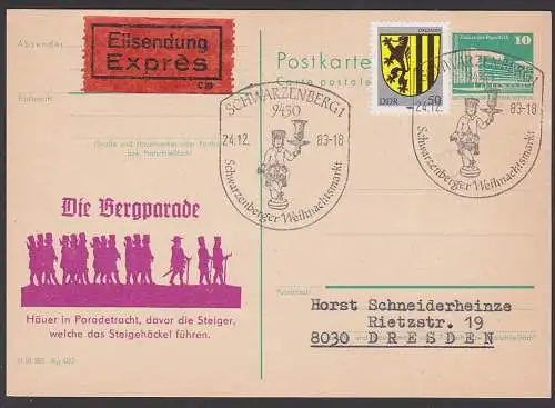 Eil-Fern-Karte 10 Pfg. GA mit Zusatzfrankatur portogenau mit priv. Zudruck "Die Bergparade" Schwarzenberg SoSt.