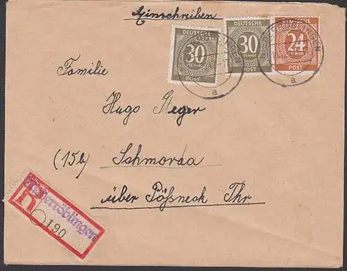Niederröblingen R-Brief portogenau mit 30(2) und 24 Pf. Ziffer 11.12.47, Aushilfss-R-Zettel