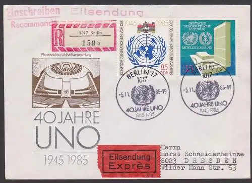 UNO 40. Jahre SoSt. Berlin 5.11.85, Eil-R-Brief mit SoMke DDR Mitglied der UNO, DDR 2982, Schloss Cecilienhof