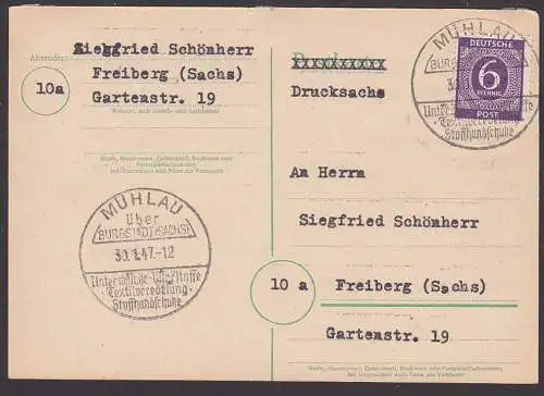 MÜHLHAUSEN über Burgstädt (Sachsen) SoSt. 30.1.47 - Unterwäsche Wirkstoffe Stoffhandschuhe, Ds-Karte mit 6 Pf. Ziffer