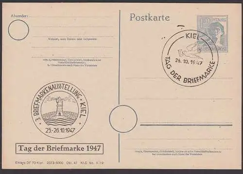 Kiel 12 Pfg. Ganzsache mit privatem Zudruck 3. Briefmarkenausstellung, SoSt. 26.10.47, Leuchtturm mit Dv, Friedenstaube