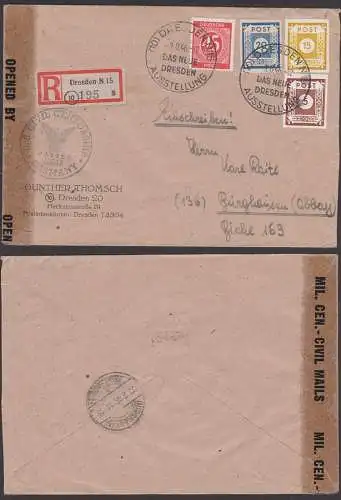 U.S. civil censorship Dresden SoSt. "Das neue Dresden Ausstellung" R-Brief n. Burghausen (Oberbay) mit amerik. Zensur