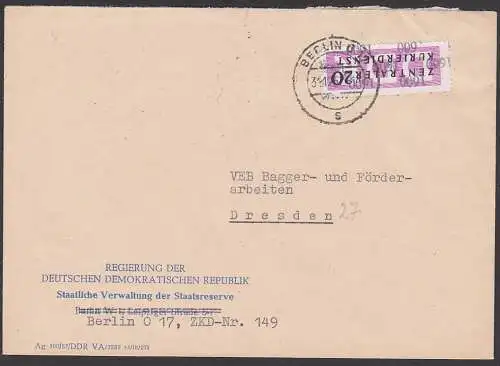 Regierung der DDR ZKD-Nr. 149, Fern-ZKD-Brief mit Kreisaufdruck B15 (1600) vom Gültigkeits-Letzttag 31.12.57