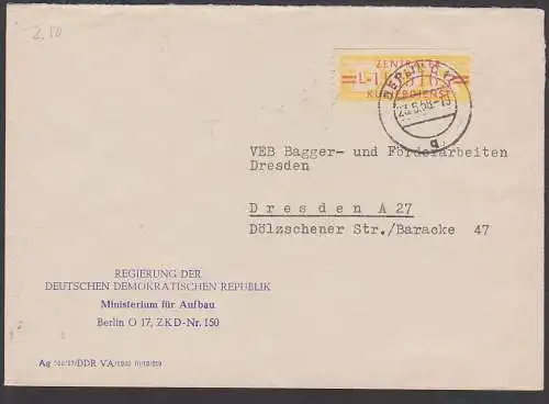 BERLIN O17 ZKD-Brief mit 20 Pf. B17L OSt 23.6.58 Abs. Regierung der DDR Ministerium für Aufbau, ZKD-Nr. 150 nach Dresden
