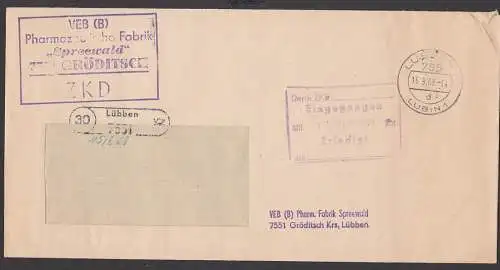 Gröditsch Postst.-St. 30 Lübben, Lubin, ZKD-Brief VEB (B) Pharmazeutische Fabrik "Spreewald" 15.9.69 nach Coswig