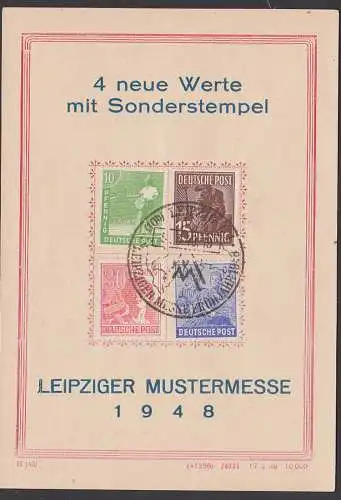 Gedenkblatt Leipzig Muster-Messe  1948, "4 neue Werte mit Sonderstempel", mit Dv