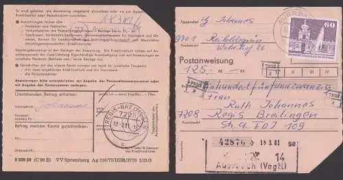Reiboldsgrün PSSt. 27 Auerbch (Vogtland) Postanweisung 18.3.81 mit 60 Pf. Dresden Zwinger Kronentor DDR 1919