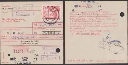 Zschorna PSSt. 46 Wurzen auf Einzahlungsauftrag 19.6.81 mit 30 Pf. Freimarke Halle DDR 1899 - postinterna Aktenlochung