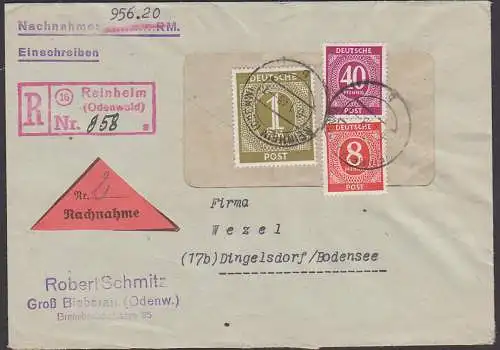 Reinheim (Odenwald) R-Bf mit Nachnahme 6.1.48 R-Nachweisstempel in rot, 1,48 Porto nach Dingelsdorf, rs. Konstanz 9.1.48