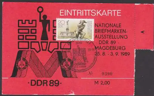 Magdeburg Eintrittskarte mit passender Marke und SoSt. Ausstellung DDR 89 27.8.89, Fahnenband mit DDR-Wappen