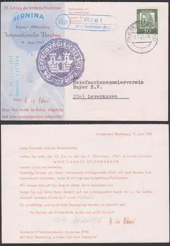 Riet über Vaihingn (Enz) Poststellen-St. Karte 20. Aufstieg des Kinderdorf- Freiballons BERNINA Offenburg 15.6.61 Ballon