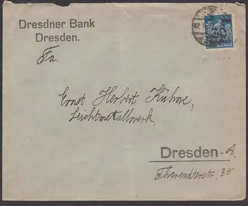 perfin Dresden 30 Tausend auf 10 M DR 284 Einzelfrankatur Ortsbrief, Inflation