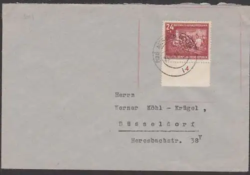 Auerbach (Vogtland) 24+6 Pfg. Nationales Aufbauwerk 23.5.52, Fern-Brief mit DDR 304 nach Düsseldorf, unterees Randstück