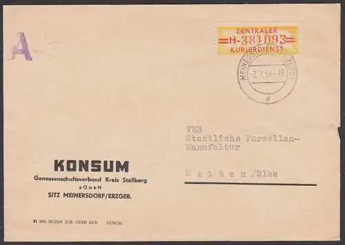 Meinersdorf (Erzgebirge) ZKD-Brief mit 17H, KONSUM Genossenschaft Kreis Stollberg, Kennung "A", 3.7.58