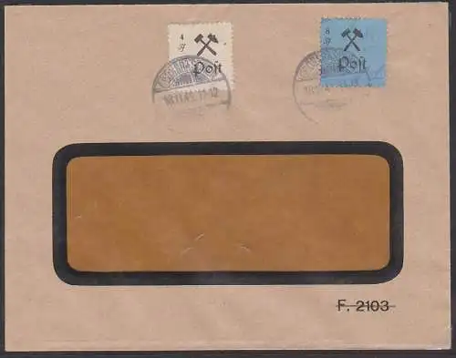 Grossräschen 4 und 8 Pf. Fernbrief 18.11.45, Hammer und Schlägel, Bergbau, dabei 14AII SBZ Lokalausgabe