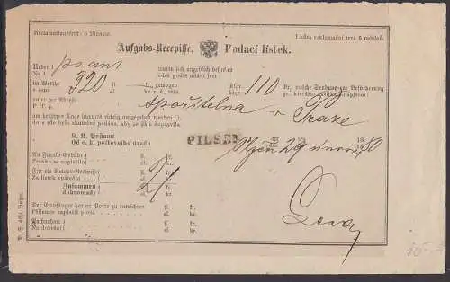 Böhmen Recepisse Podaci listek PILSEN 1880, Aufgabeschein, Einlieferungsschein gefaltet