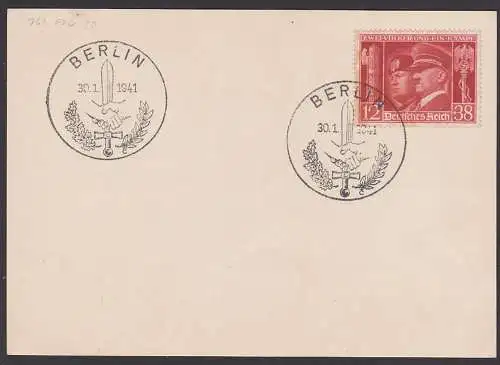 Mussolini 12+38 Pfg. "Zwei Völker ein Kampf" auf Unterlage vom 30.1.41 Ersttag DR 763