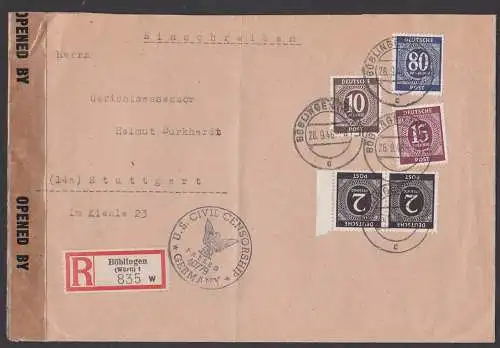 Böblingen (Württemberg) R-Brief  mit Zensur nach Stuttgart U. S. civil censorship passed 40779, 29.6.46,Bf gefaltet