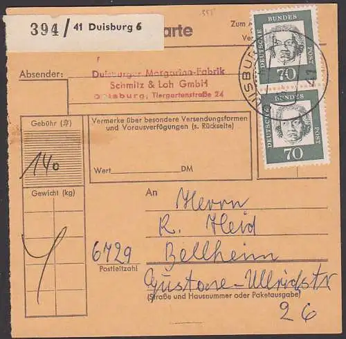Ludwig von Beethoven 70 Pfg.(2) auf Paketkarte Duisburg 6, nach Bellheim, Margarine-Fabrik, potogenau