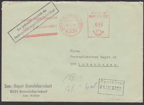 Brandoberndorf AFS 20.3.67 Sanitäts-Depot, St. "Nur nachsenden innehalb des Bundesgebietes ausschließlich Berlin(West)