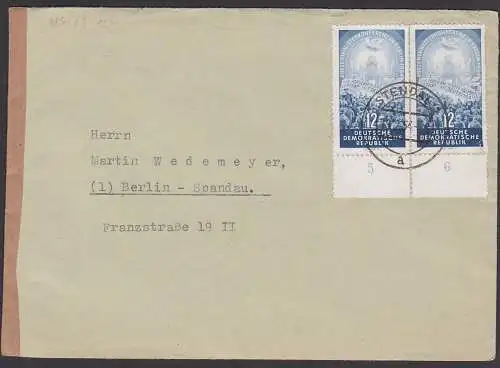 Aussenministerkonferenz in Berlin 1954, 12 Pf.(2) Fernbrief aus Strendal n. Berlin-Spandau, links verschlossen, DDR 424