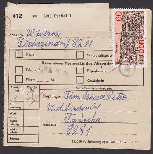 Paketschein mit 60 Pf. Stralsund DDR 3164, aus Fördergersdorf  nach Tausch, Aufgabe in Freital 1988